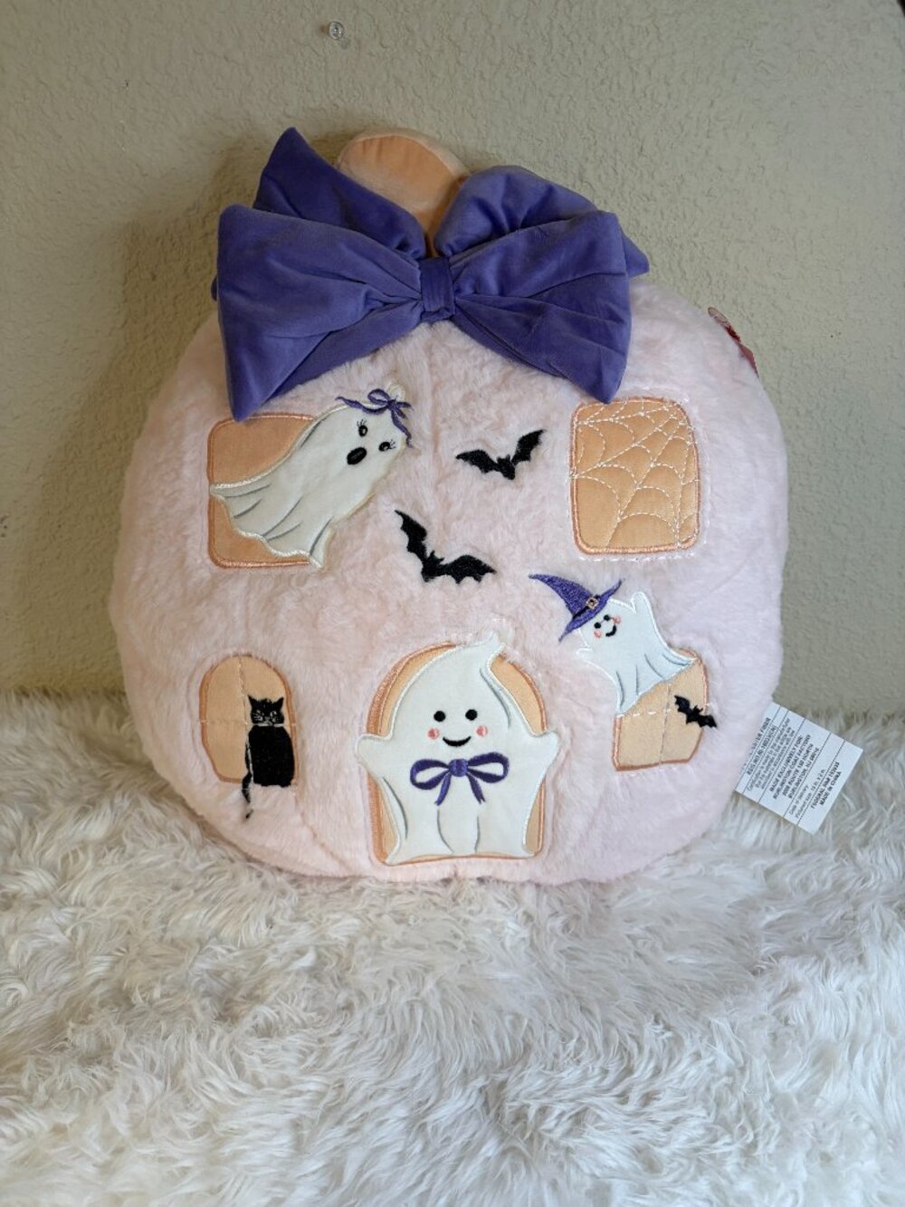 Halloween Ghost House Plush Pillow Pink Purple Bow Bats Spiderweb 19x18 NWT